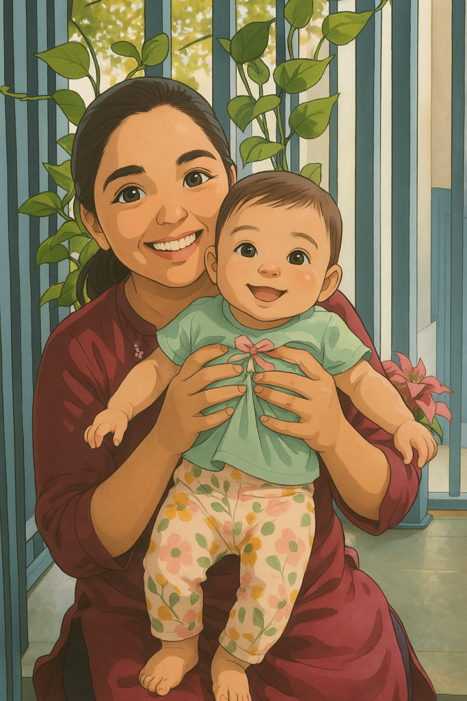 A calm mother reflecting on her motherhood journey
